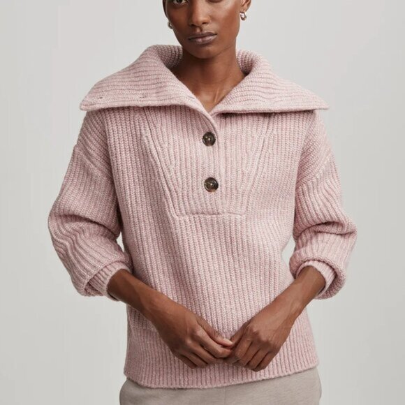 Varley Peverel chunky cozy knit sweater ribbed button henley pink heather new M - Picture 1 of 6